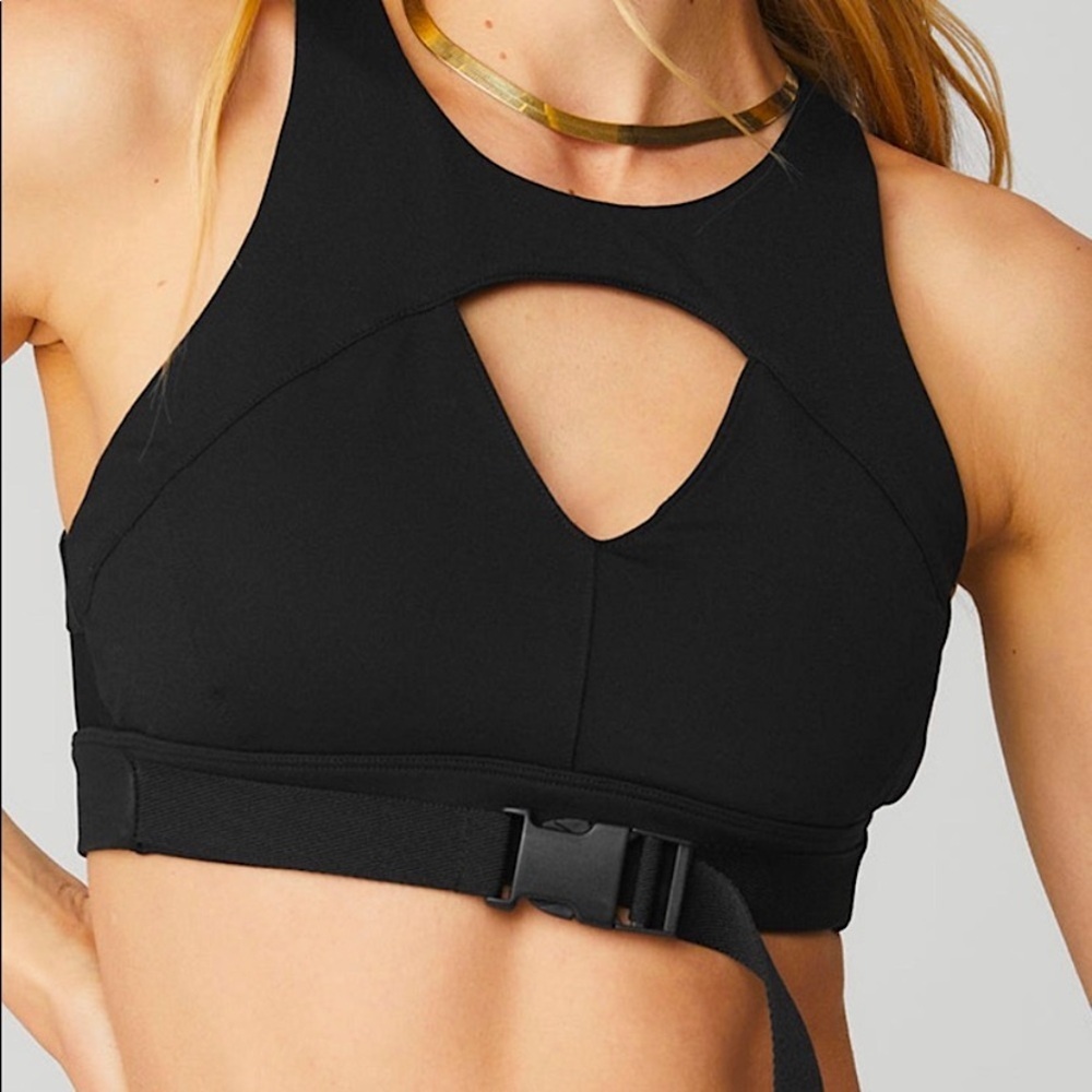 ALO Yoga Black High-Neck Cutout Sports Bra with Buckle Strap